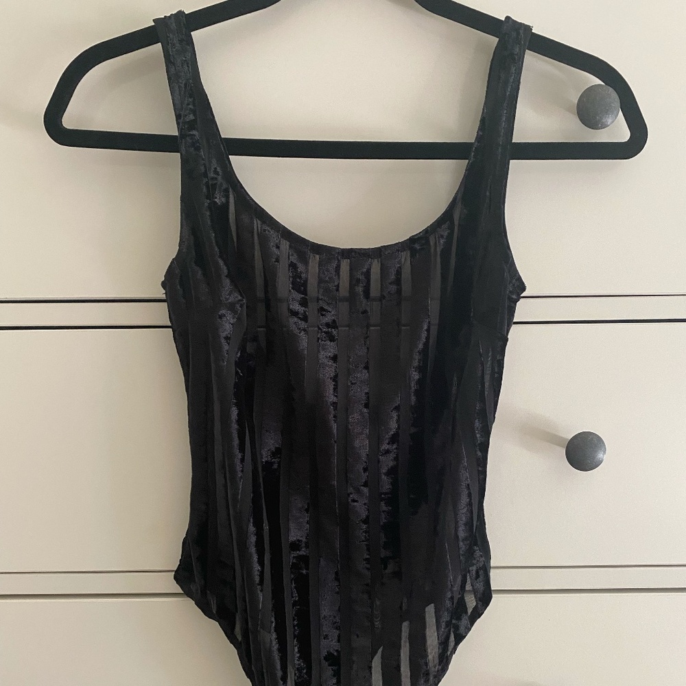 naked wardrobe | Black Velvet/Mesh Stripe Thong Bodysuit | Size S